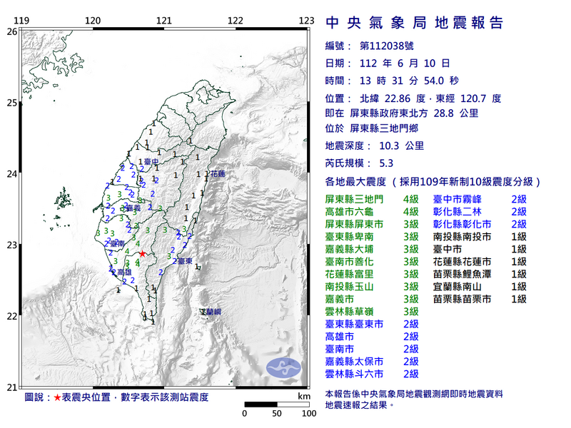 高屏交界今下午1點31分發生規模5.3地震，最大震度4級南部民眾相當有感。（圖擷自中央氣象局）