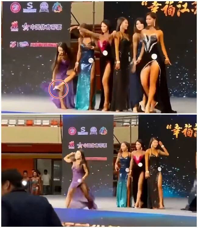 中国江蘇省近日舉辦一場健美健身錦標賽，沒一名女健美選手在台上突然脫下高跟鞋怒砸裁判，影片在網上瘋傳。（圖翻攝自微博）