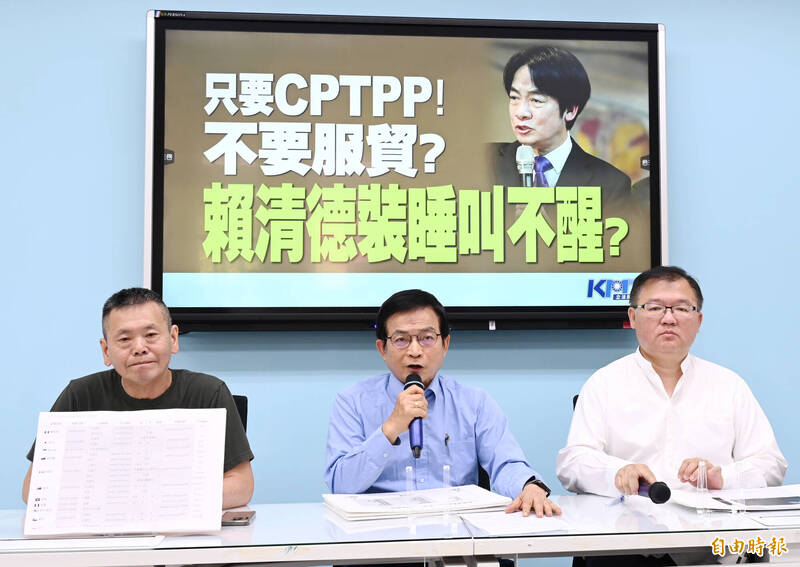 國民黨立法院黨團3日召開「只要CPTPP！不要服貿？賴清德裝睡叫不醒？」記者會。（記者朱沛雄攝）