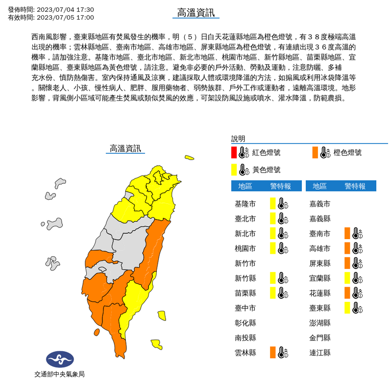 中央氣象局今下午對12縣市發布明日白天高溫特報，雲林縣、台南市、高雄市、屏東縣、花蓮縣為橙色燈號。（圖擷自中央氣象局）