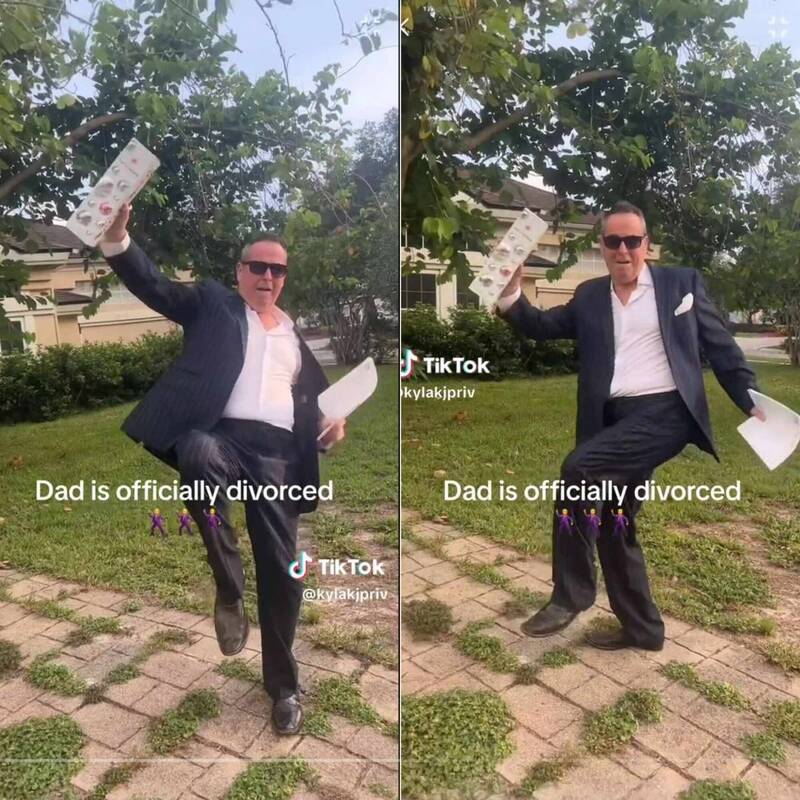 日前国外有一名年长男子，为庆祝自己终于成功离婚，于是一手拿着香槟、一手抓着离婚文件，在院子里畅快手舞足蹈。（图撷取自@kylakjpriv TikTok，本报合成）(photo:LTN)