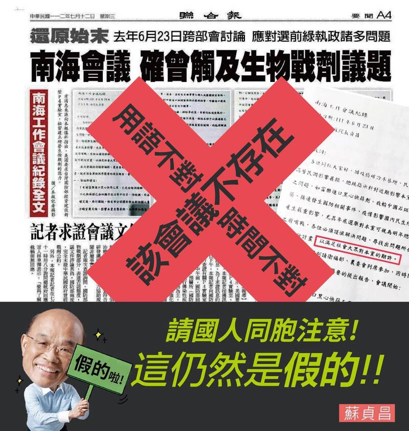 平面媒體以「南海工作會議紀錄全文」報導指控美國施壓台灣研製生物戰劑,蘇貞昌在臉書表示,從未主持過「南海工作會議」,也未召集部會討論生物戰劑、生化武器,報載時間不對、用語不對、會議還根本不存在。(圖取自蘇貞昌臉書) 平面媒體以「南海工作會議紀錄全文」報導指控美國施壓台灣研製生物戰劑,蘇貞昌在臉書表示,從未主持過「南海工作會議」,也未召集部會討論生物戰劑、生化武器,報載時間不對、用語不對、會議還根本不存在。(圖取自蘇貞昌臉書)