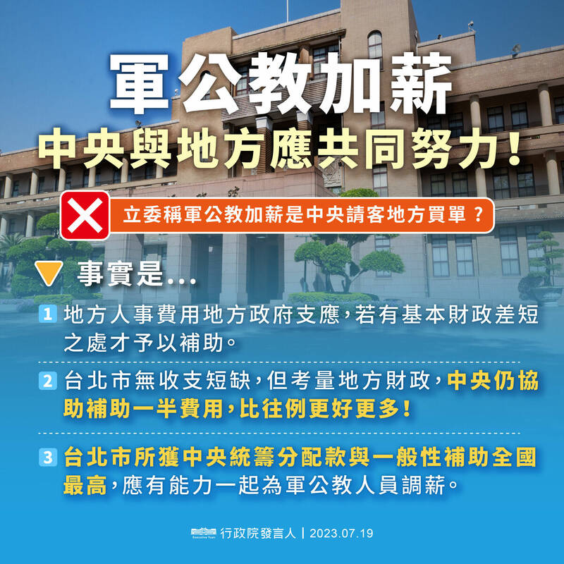 行政院發言人林子倫表示，台北市所獲中央統籌分配稅額與一般性補助款全國最高，此次軍公教人員調薪相關補助規劃皆依法辦理。因台北市財政狀況並無收支短差的情況，原將未獲補助，但中央政府仍考量地方財政予以協助半數，已經優於以往，期盼地方政府能與中央一起努力，共同慰勉辛勤的軍公教人員。 （行政院提供）