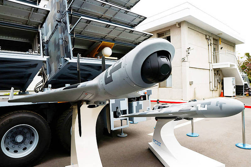 
Military uncrewed aerial vehicles （UAV） are exhibited during a Ministry of National Defense media visit to the Chungshan Institute of Science and Technology in Taichung on March 14.
Photo: Ann Wang, Reuters