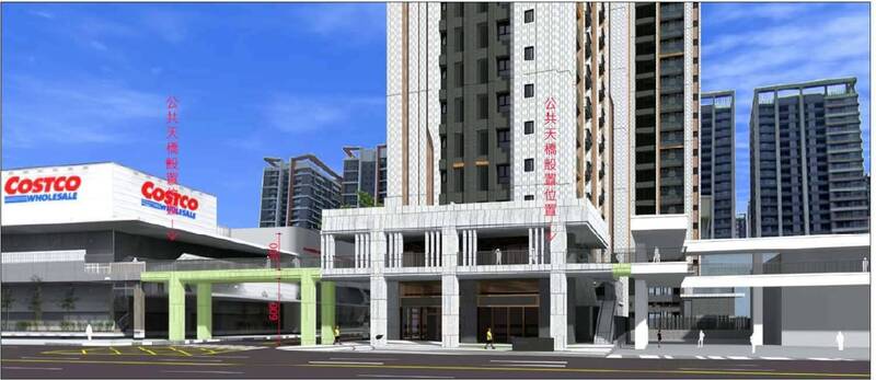 新竹市關埔地區12座空橋規劃,首獲建設公司捐贈一座空橋,待細設後可連接兩邊的大型購物商場。(新竹市府提供) 新竹市關埔地區12座空橋規劃,首獲建設公司捐贈一座空橋,待細設後可連接兩邊的大型購物商場。(新竹市府提供)