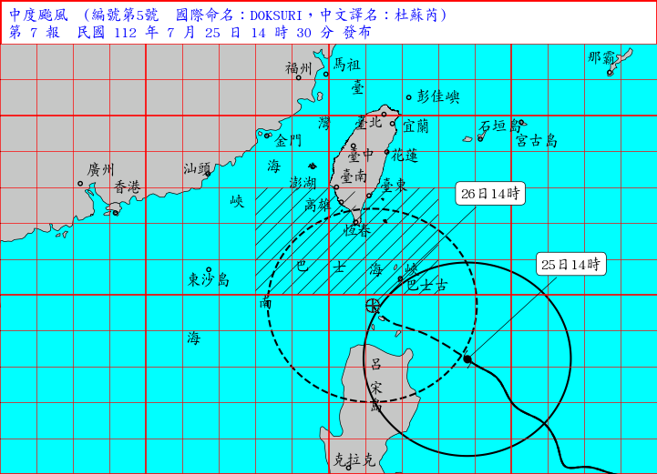 中央氣象局今下午2點30分針對杜蘇芮颱風發布海上陸上颱風警報，其暴風圈已進入巴士海峽，對屏東及恆春半島將構成威脅。（圖擷自中央氣象局）