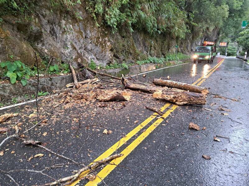 台8線中橫公路出現倒木、落石，呼籲颱風期間暫時不要進入。（新城警察分局提供）