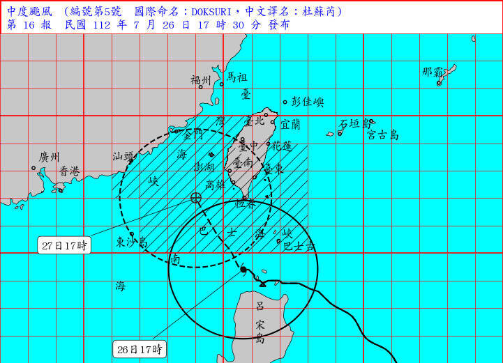 氣象局觀測，杜蘇芮今天（26日）下午5點在鵝鑾鼻的南方約 280 公里之海面，中心位置在北緯 19.4 度，東經 120.7 度，即以每小時12轉15公里速度，向西北轉北北西進行，近中心最大風速每秒 45 公尺（約每小時 162 公里）。（取自中央氣象局）
