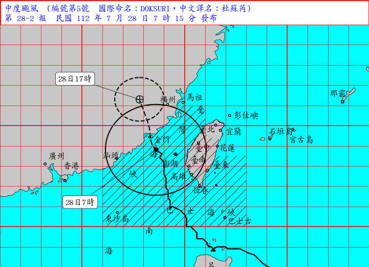 杜蘇芮颱風仍維持中度颱風強度朝金門前進中，台灣南部午後有可能逐漸脫離暴風圈。（氣象局提供）