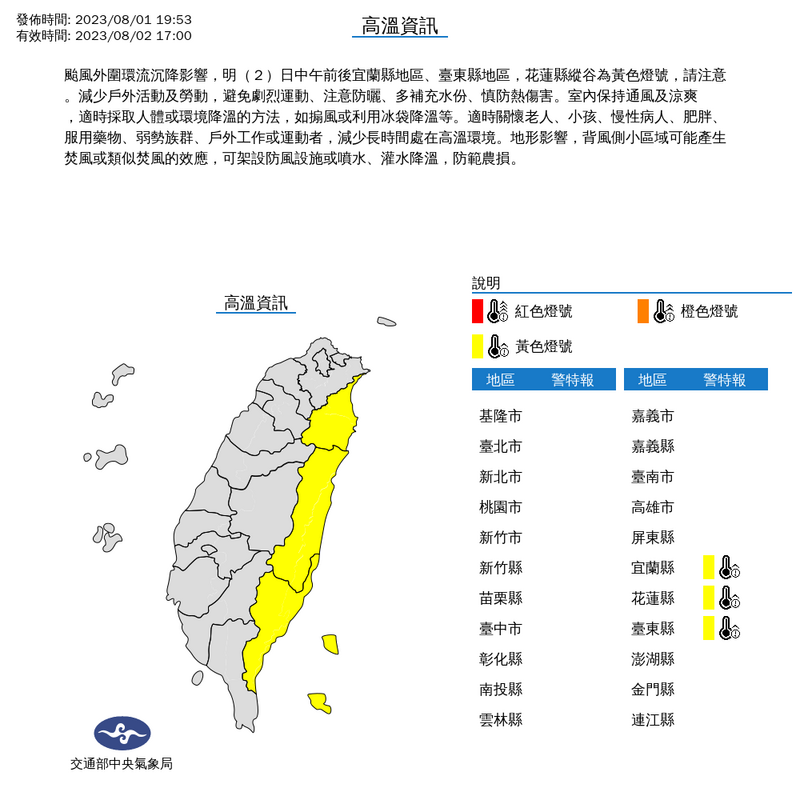 氣象局提醒，宜花東明天中午前後有36度以上高溫機率，注意防曬、多補充水分、慎防熱傷害。（取自中央氣象局網站）