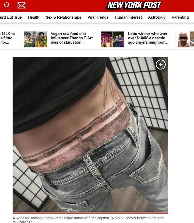 一名男子将牛仔裤穿很低，露出Calvin Klein的灰色内裤刺青，在网上引起网友热议。（撷取自纽约邮报）(photo:LTN)