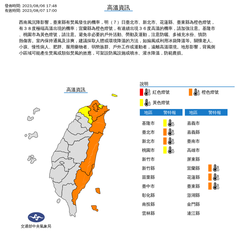 中央氣象局今日傍晚5時針對7縣市發布高溫特報。（圖擷自中央氣象局）