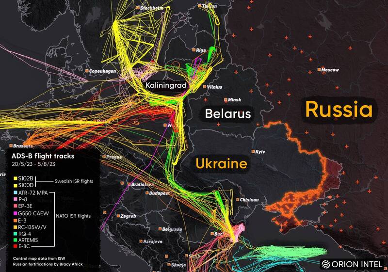 近日有分析師整理出從今年5月至本月為止，北約（NATO）偵察機在烏克蘭邊境與黑海上空執行的任務路徑。（圖擷取自Orion Intel推特）
