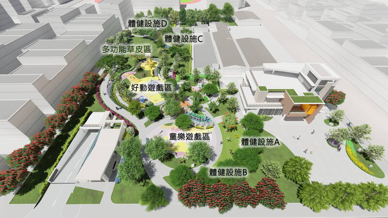 彰化縣首座也是目前唯一，具有4合1功能的公園化停車場，位於員林市三和公園，縣府希望今年底完工，趕在明年2月前啟用，圖為平面設計圖。（縣府提供）