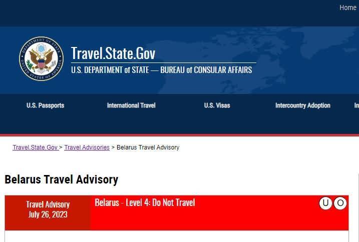 美國政府將將白俄羅斯列為4級風險國家。（翻攝自美國國務院領事事務局官網）