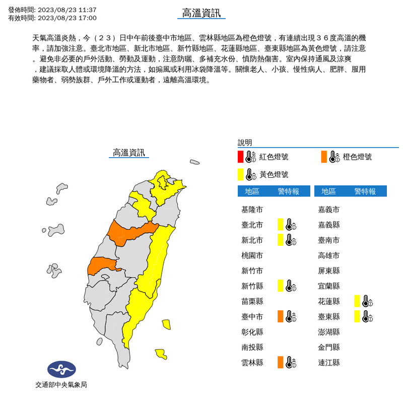 氣象局今中午對7縣市發布高溫特報。（圖擷自中央氣象局）