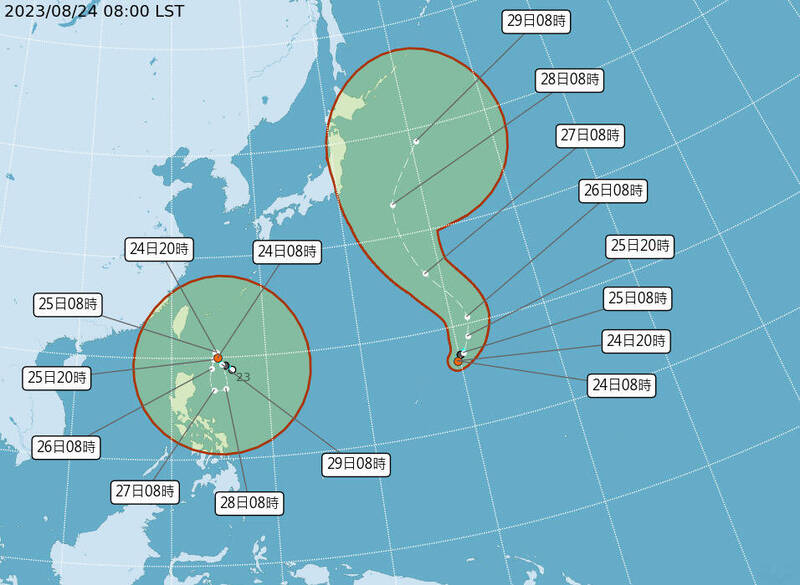 西北太平洋目前有兩個熱帶性低氣壓TD10（中心在圖左）、TD11（中心在圖右），分別位於菲律賓東方海面以及關島附近海面，不排除在明天和週末假日接力生成為今年第8號颱風蘇拉和第9號颱風丹瑞。（取自中央氣象局）