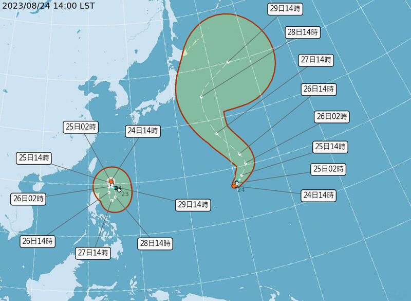菲律賓東方海面今天（24日）下午2點生成今年第9號颱風蘇拉（圖左），圖右為熱帶性低氣壓TD11。（取自中央氣象局）