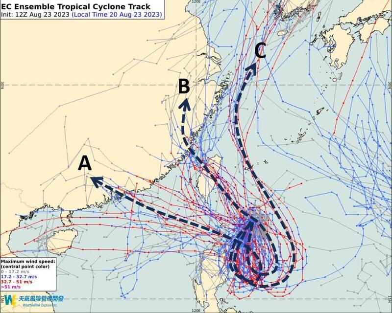 天氣風險公司分析師吳聖宇指出，熱帶性低氣壓「TD10」的動態有3種可能性。（圖擷自「天氣職人-吳聖宇」）