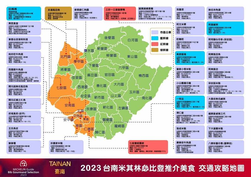 台南市長黃偉哲在臉書貼文分享「2023台南米其林必比登推介美食交通攻略地圖」。（擷自臉書）