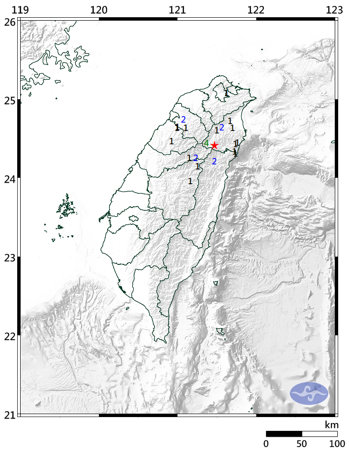 今天上午7時34分，宜蘭縣發生芮氏規模3.7地震，最大震度宜蘭縣4級。（圖擷取自氣象局）