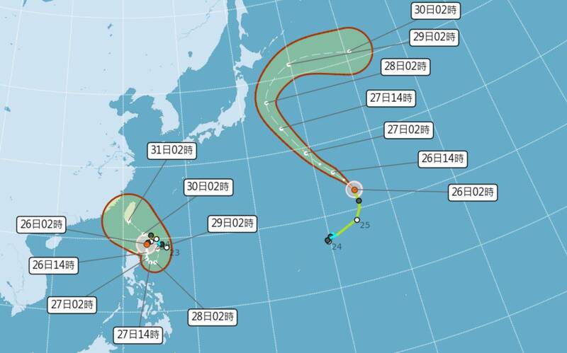 中央氣象局指出,第9號颱風「蘇拉」(左)已於今晨2點時增強為中度颱風,預估週末兩天會向南遠離台灣,在菲律賓東方海面上打轉。(圖擷取自中央氣象局) 中央氣象局指出,第9號颱風「蘇拉」(左)已於今晨2點時增強為中度颱風,預估週末兩天會向南遠離台灣,在菲律賓東方海面上打轉。(圖擷取自中央氣象局)