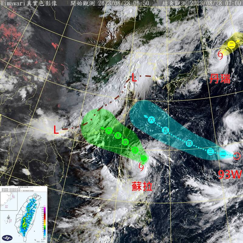 蘇拉颱風今日凌晨2時稍微減弱至中颱上限，不排除再增強成強颱。（圖擷取自「台灣颱風論壇｜天氣特急」臉書）