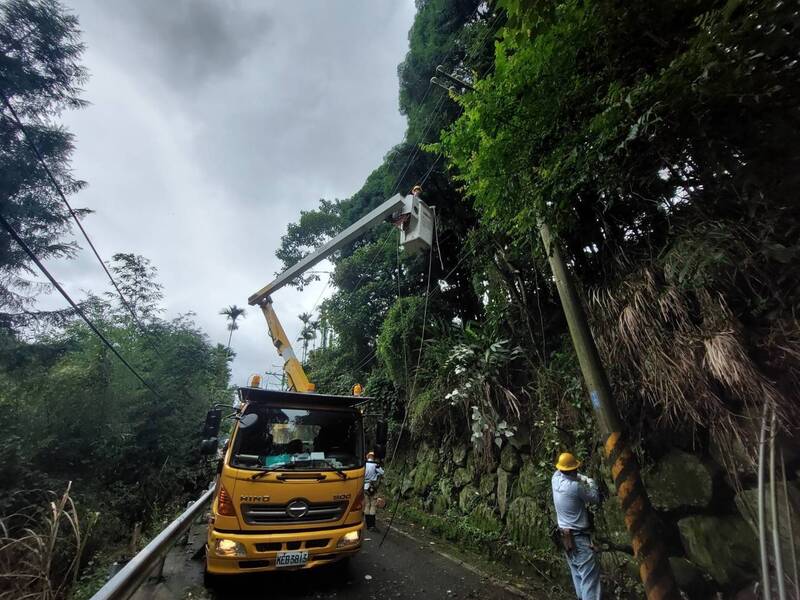 海葵颱風導致樹木倒塌壓斷電線，嘉縣縣3、4日累積曾停電戶數達3908戶，工程人員緊急修復。（台電嘉義區營業處提供）