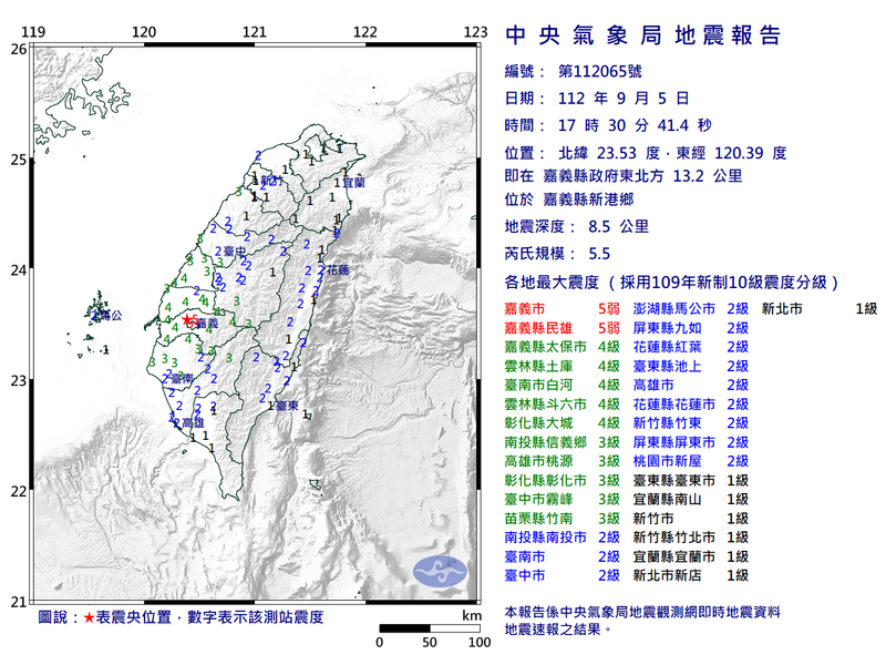 嘉義地區在今（5日）下午5點30分左右發生規模5.5地震，全台有感，嘉義縣市最大震度5弱。（圖擷自中央氣象局）