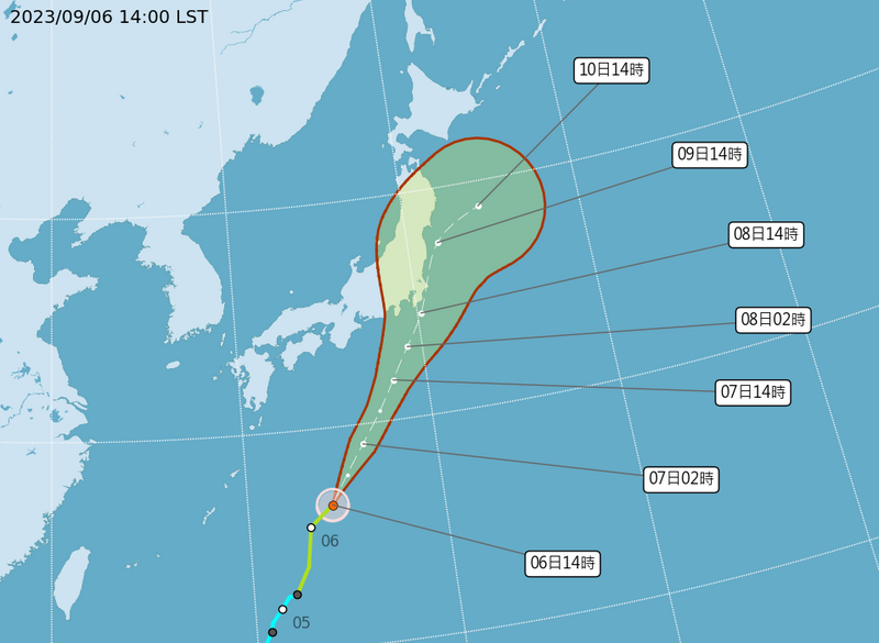 輕度颱風鴛鴦6日14時的中心位置在北緯26.5度，東經134.3度，以每小時28公里速度，向北北東進行。（取自中央氣象局）