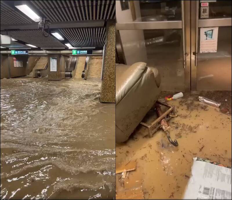 香港昨夜下起暴雨，多处交通要道变成水乡泽国，香港地铁站也出现淹水灾情，多个车站大厅及月台淹水。（图撷自脸书香港突发事故报料区及讨论区）(photo:LTN)