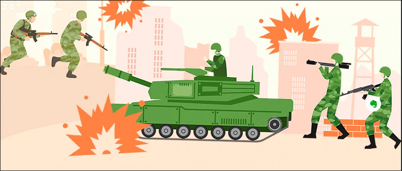 基隆市全民國防手冊內頁，出現明顯是共軍士兵手持共軍制式步槍作戰的插圖。（記者吳書緯翻攝）