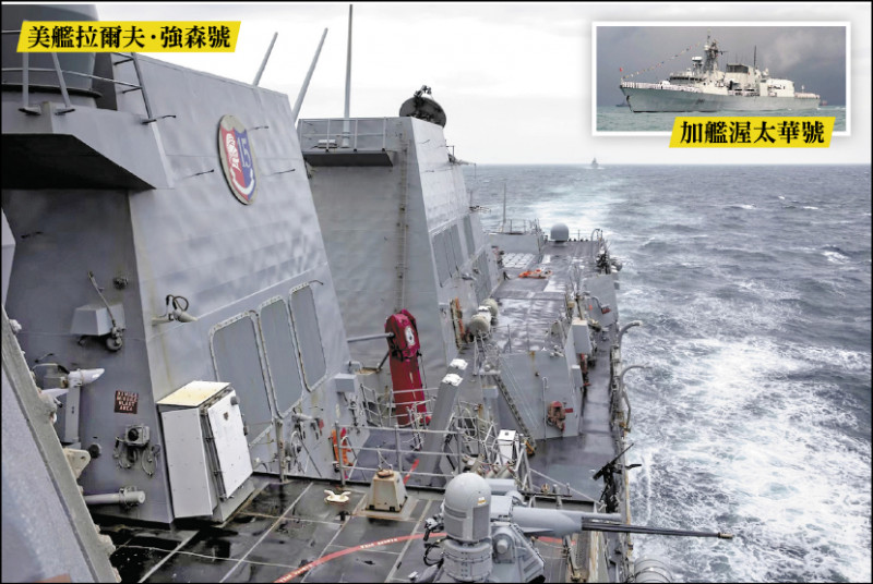 美國海軍第七艦隊指出，美國海軍伯克級飛彈驅逐艦「拉爾夫·強森號」與加拿大海軍哈利法克斯級巡防艦「渥太華號」於昨日例行性通過台灣海峽。（第七艦隊臉書、法新社檔案照）