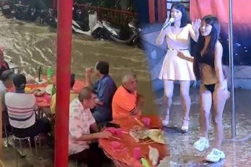 嘉義縣大雨狂炸水淹路面，但民眾仍淡定開吃「流水席」，台上的比基尼辣妹不顧風雨照樣嗨舞。（本報合成）