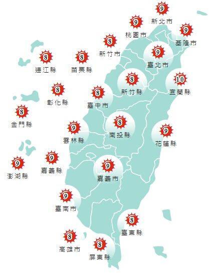 今日各地紫外線指數預報概況。(圖擷取自中央氣象局) 今日各地紫外線指數預報概況。(圖擷取自中央氣象局)