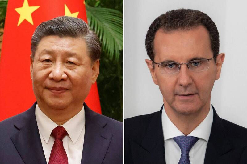 中國國家主席習近平（左）22日與訪中的敘利亞總統巴夏爾．阿塞德（右）共同宣布兩國將建立新的戰略夥伴關係。（法新社）