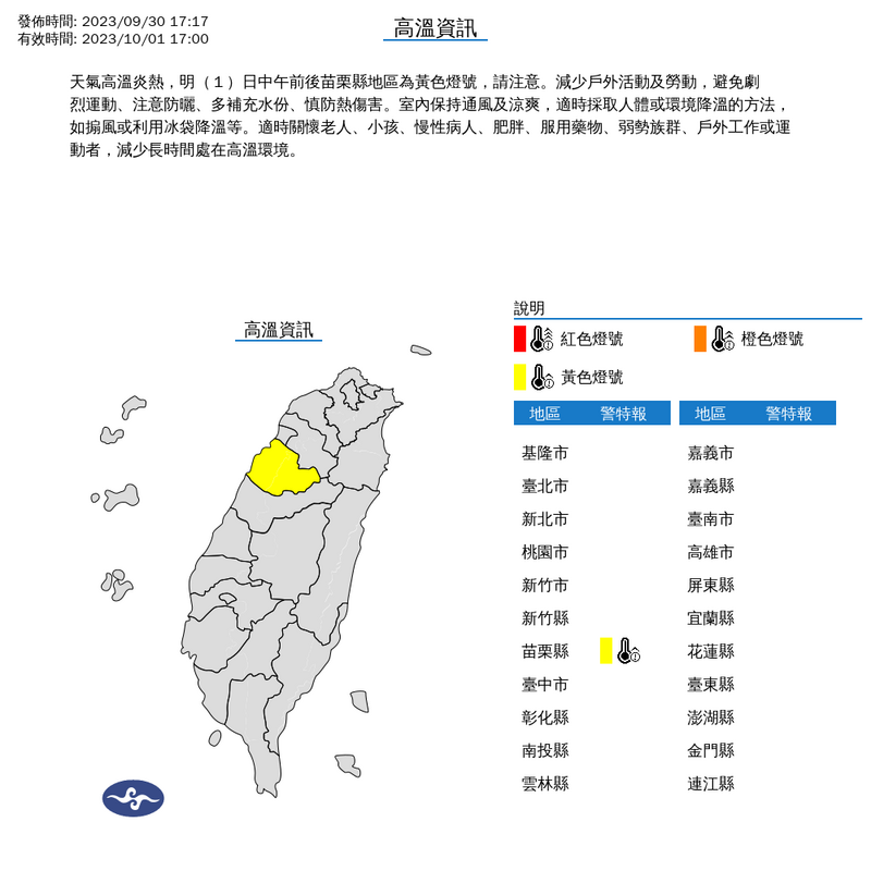 氣象署今天下午針對苗栗縣發布高溫特報。（圖擷自中央氣象署）
