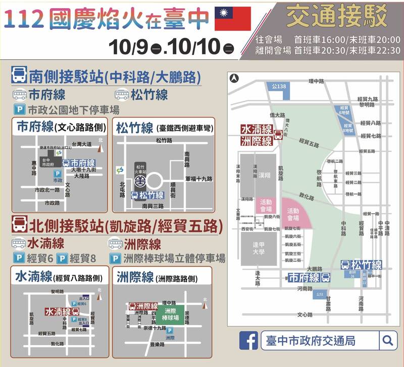 中市在中央公園會場南北側兩端提供「2+2」的接駁路線，南側有市府線、松竹線；北側設水湳線及洲際線。（交通局提供）