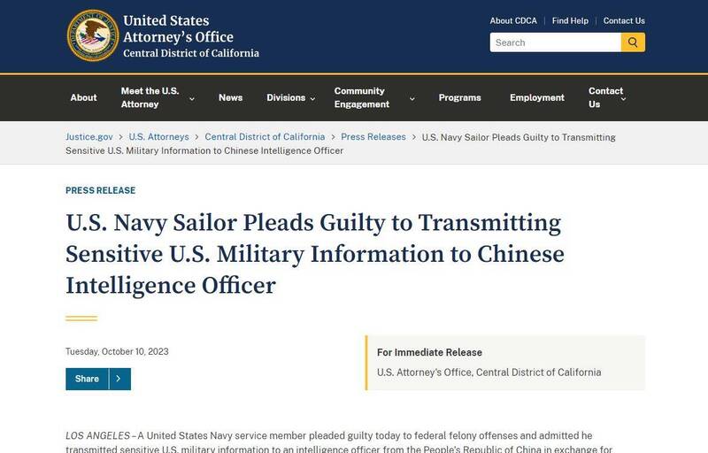 美國司法部新聞稿指出，美國海軍華裔士官「趙文恆」（音譯）認罪，坦承接受賄賂，提供資訊給中國情報人員。（圖擷取自）