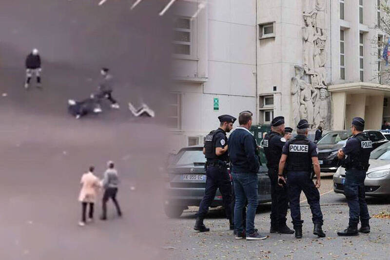 法國東北部阿拉斯鎮發生命案,1名車臣男子持刀刺死教師,並砍傷2人。(法新社;擷取自x平台;本報合成) 法國東北部阿拉斯鎮發生命案,1名車臣男子持刀刺死教師,並砍傷2人。(法新社;擷取自x平台;本報合成)