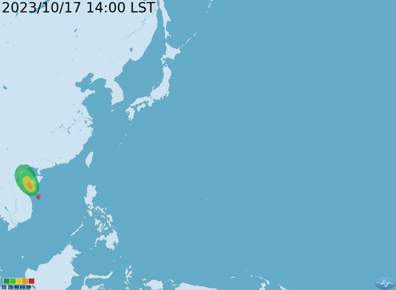 目前台灣西南方、越南東部有熱帶性低氣壓TD18，預估最快明天增強為今年第16號颱風「三巴」。（圖取自中央氣象署）