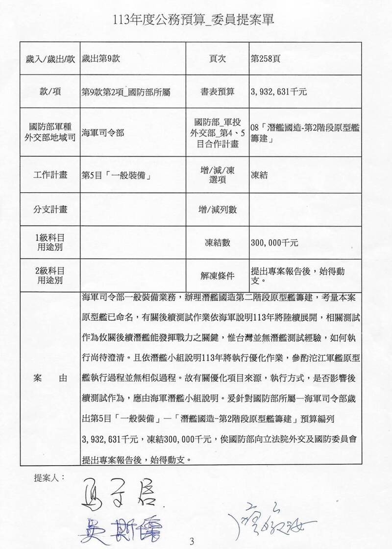 國民黨立委馬文君被踢爆再度提案凍結潛艦國造3億元預算。（記者謝君臨翻攝）