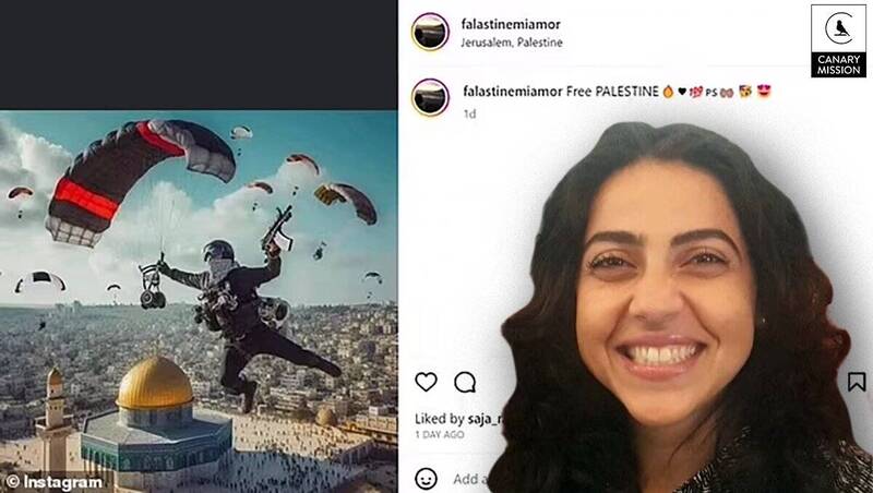 內潔娃．阿里（Nejwa Ali）（右圖）日前在IG發文，標題為「解放巴勒斯坦」，照片內容為1名武裝份子手持AK-47步槍乘著滑翔傘進入以色列（左圖）。（翻攝推特「Canary Mission」）