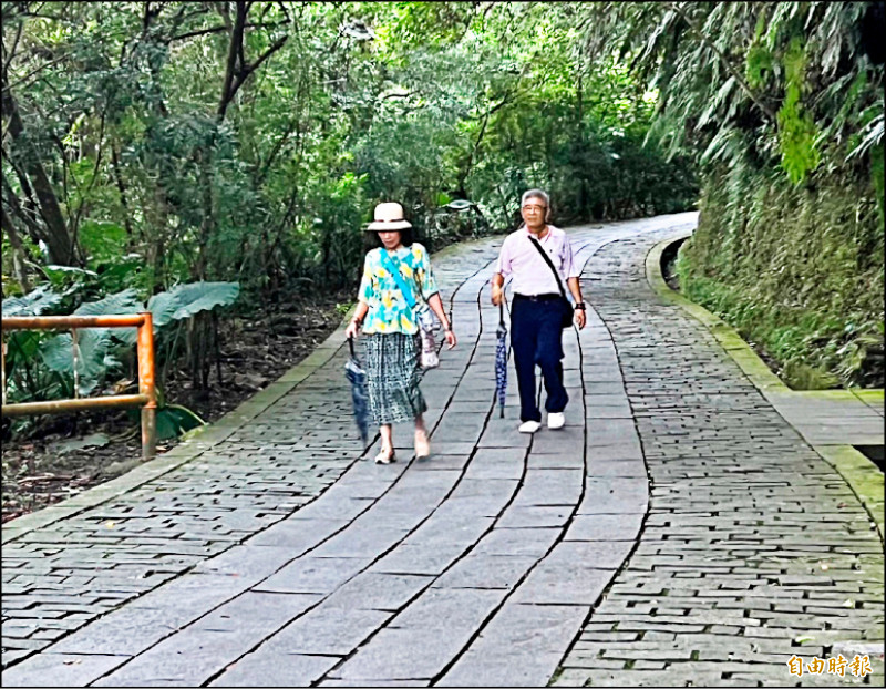 民眾到五峰旗風景區走步道。（記者蔡昀容攝）