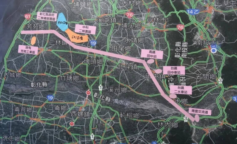 竹山南雲交流道通往南彰化的西向快速公路計畫路線圖。（南投縣政府提供）