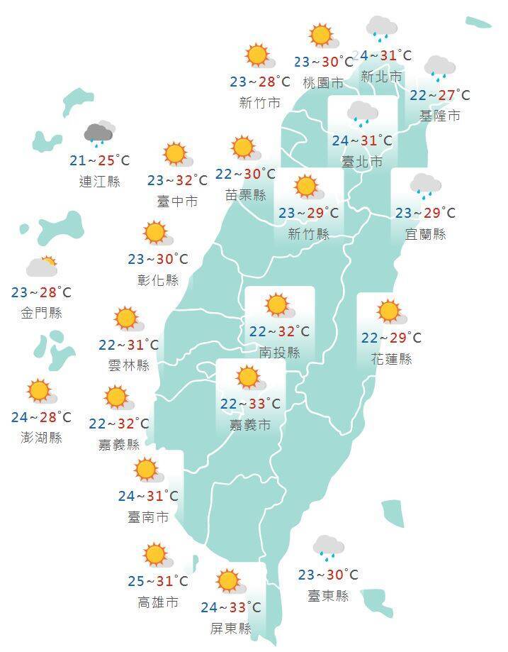 今日各地天氣預報概況。(圖擷取自中央氣象署)
今日各地天氣預報概況。(圖擷取自中央氣象署)