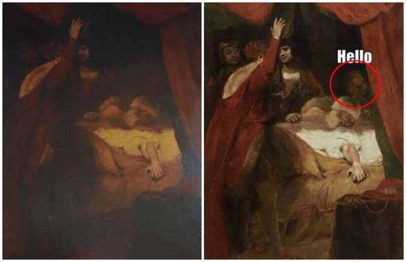 英國藝術、古蹟管理機構「國民信託」日前修復230多年前畫作《紅衣主教蒲福之死》，驚見背景出現一隻露出詭異笑容的惡魔。（圖翻攝自National Trust官方X）