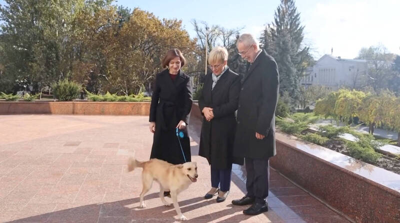 摩爾多瓦總統桑杜（左）16日在社群媒體貼出她和她的愛犬「科魯特」，與來訪的斯洛維尼亞總統皮耶茨穆沙（中）、奧地利總統范德貝倫（右）合照。（路透）