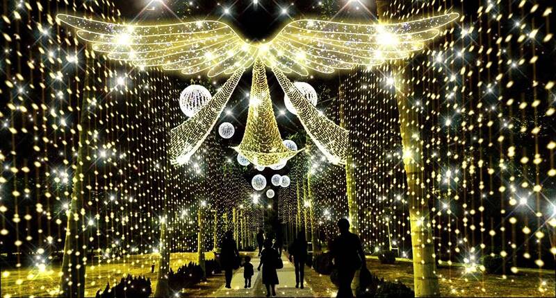 閃耀金黃翅膀與白色光球交織的天幕，為中央公園增添夢幻浪漫氛圍（模擬圖）。（高市府提供）