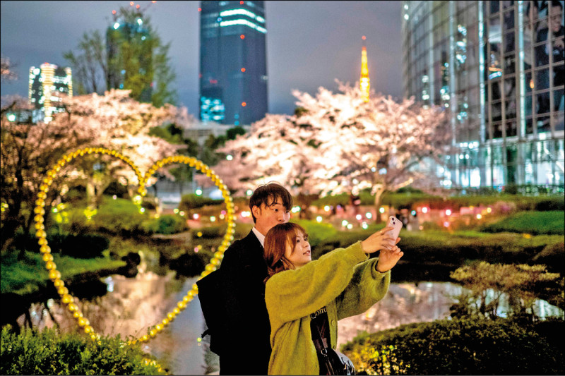 日本近來也吹起由父母代替子女相親的風潮。圖為今年3月底1對情侶在日本東京六本木與櫻花合影。（法新社）